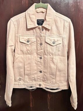 Abercrombie & Fitch Light Pink Distressed Denim Jacket
